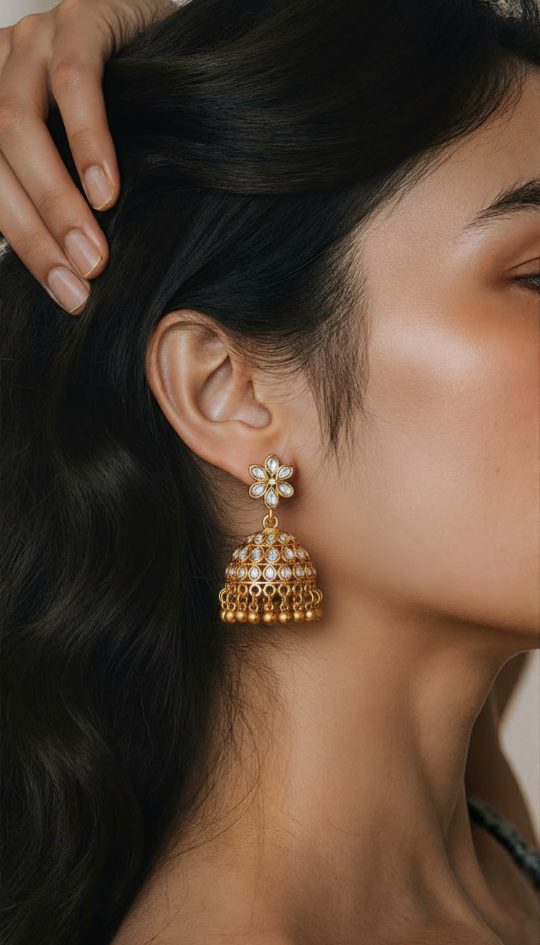 Traditional Gold Jhumka Earrings with Pearl and Crystal Design