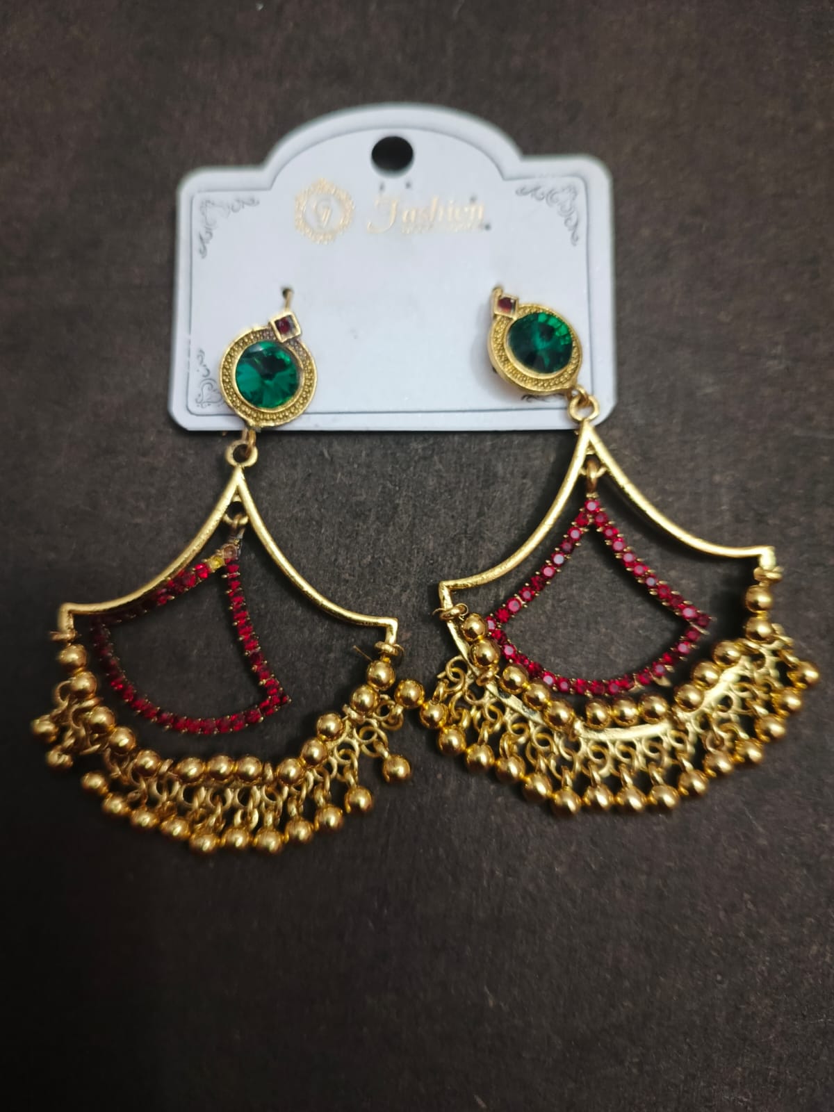 Traditional Gold Chandbali Earrings with Red &amp; Green Stones