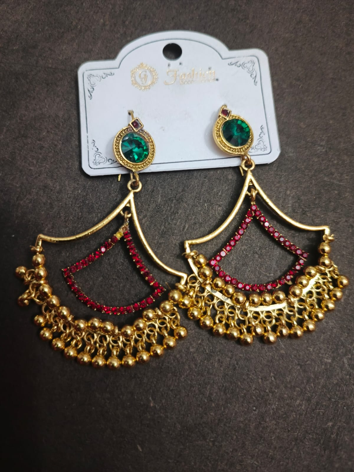 Traditional Gold Chandbali Earrings with Red &amp; Green Stones