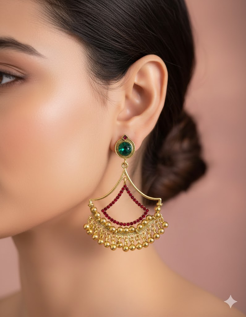 Traditional Gold Chandbali Earrings with Red &amp; Green Stones