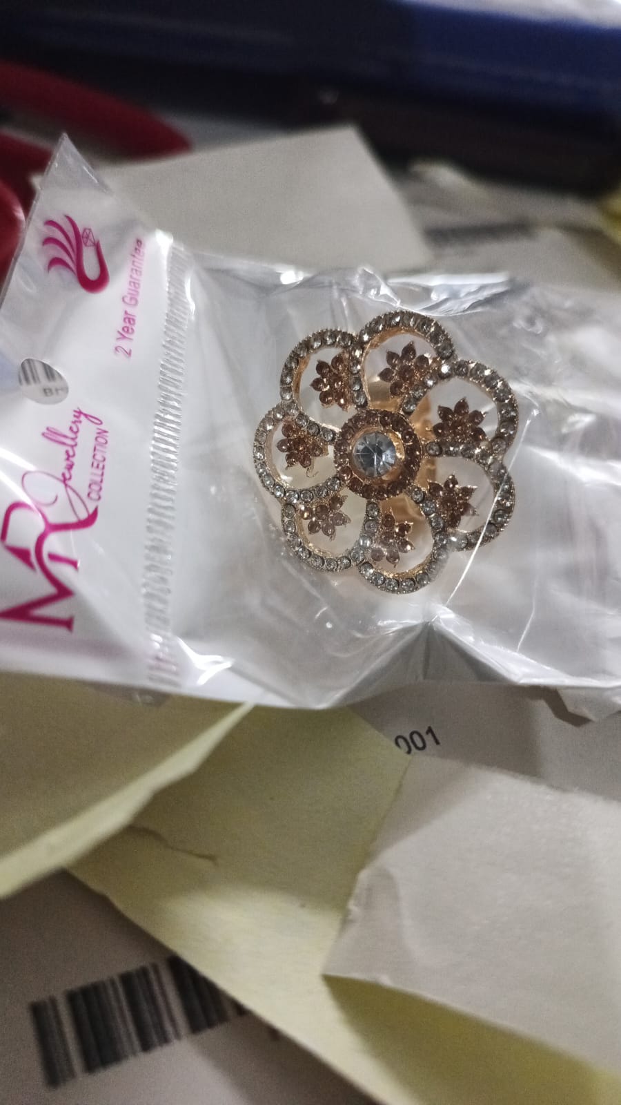 RINGS-001-75 Floral Crystal Ring – Gold Tone Statement Design