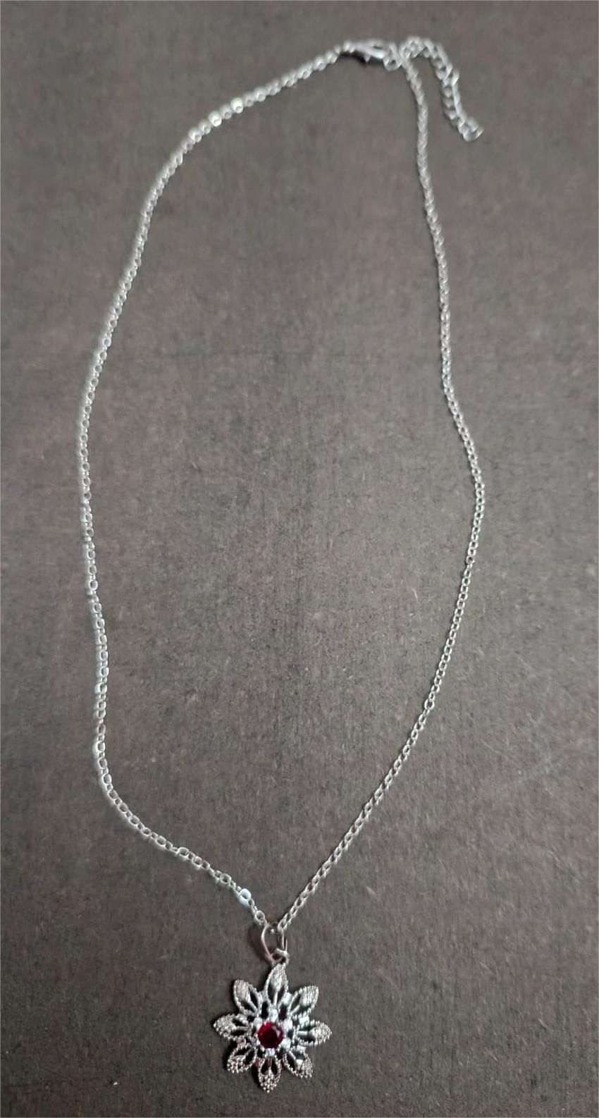 Elegant Silver Flower Pendant Necklace with Red Crystal