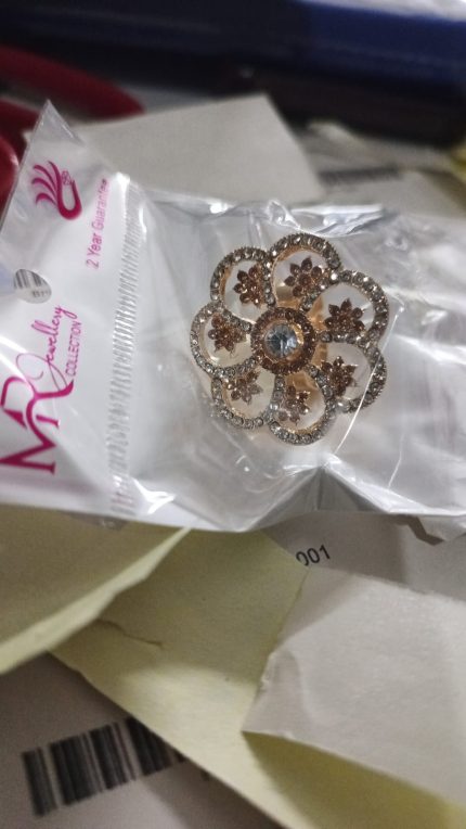 RINGS-001-75 Floral Crystal Ring – Gold Tone Statement Design