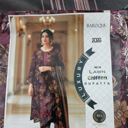 Maroon Floral Printed Lawn Suit with Chiffon Dupatta