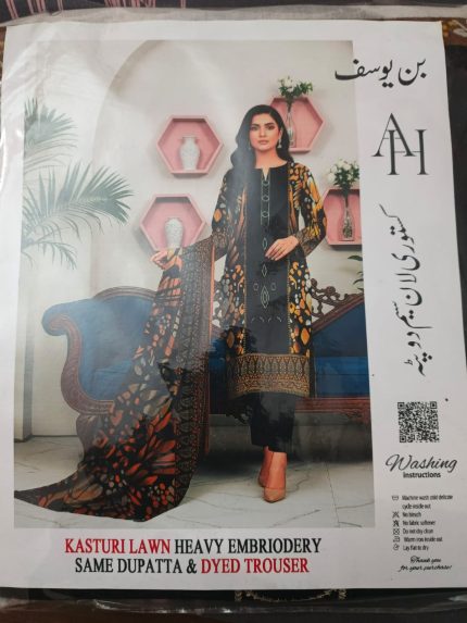 Kasturi Lawn Heavy Embroidered 3-Piece Suit – Black Mustard