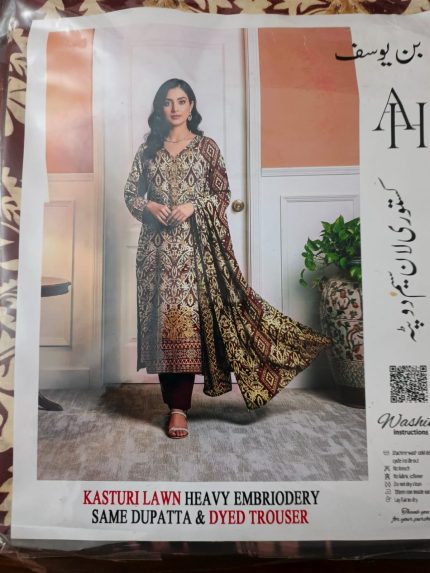 Kasturi Lawn Heavy Embroidered 3-Piece Suit – Maroon Gold