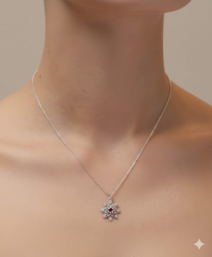 Elegant Silver Flower Pendant Necklace with Red Crystal